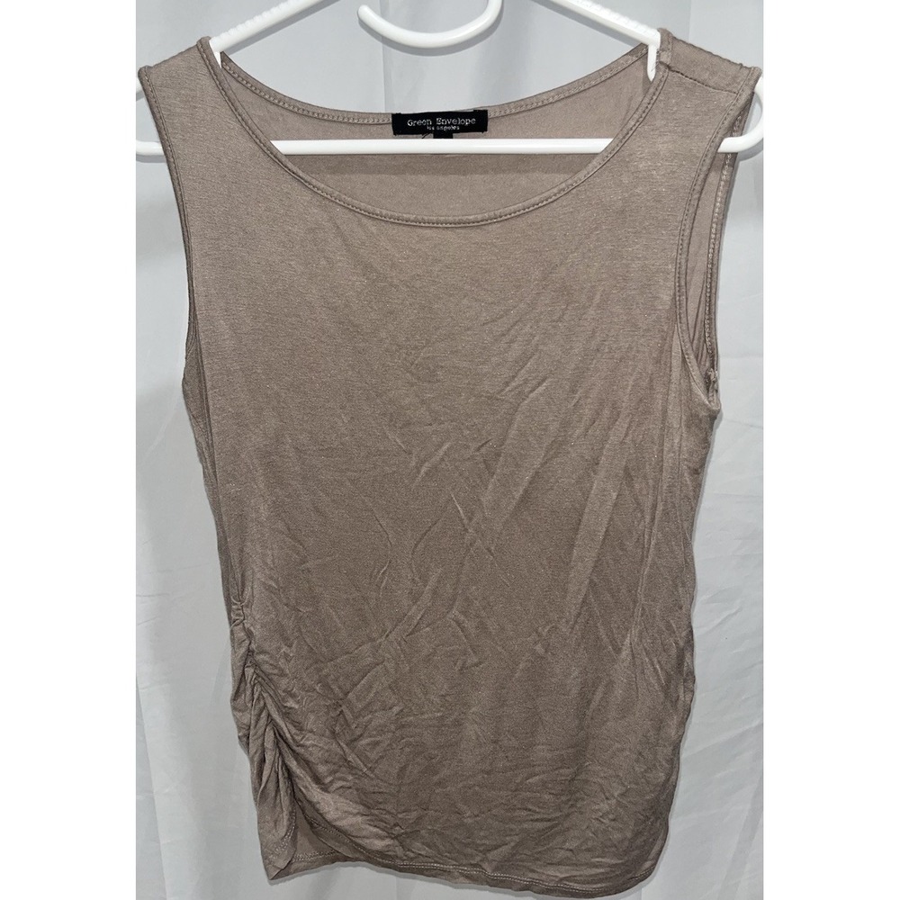 Green Envelope Tan Sparkly Tank Top Side Ruched Metallic Sleeveless Shirt Small